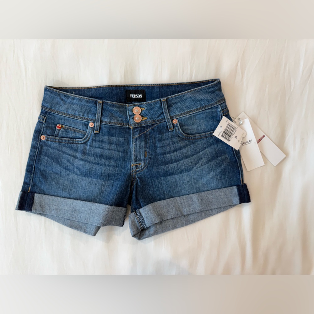 Hudson Jeans - Croxley: Mid Thigh Dark Denim Jean Shorts